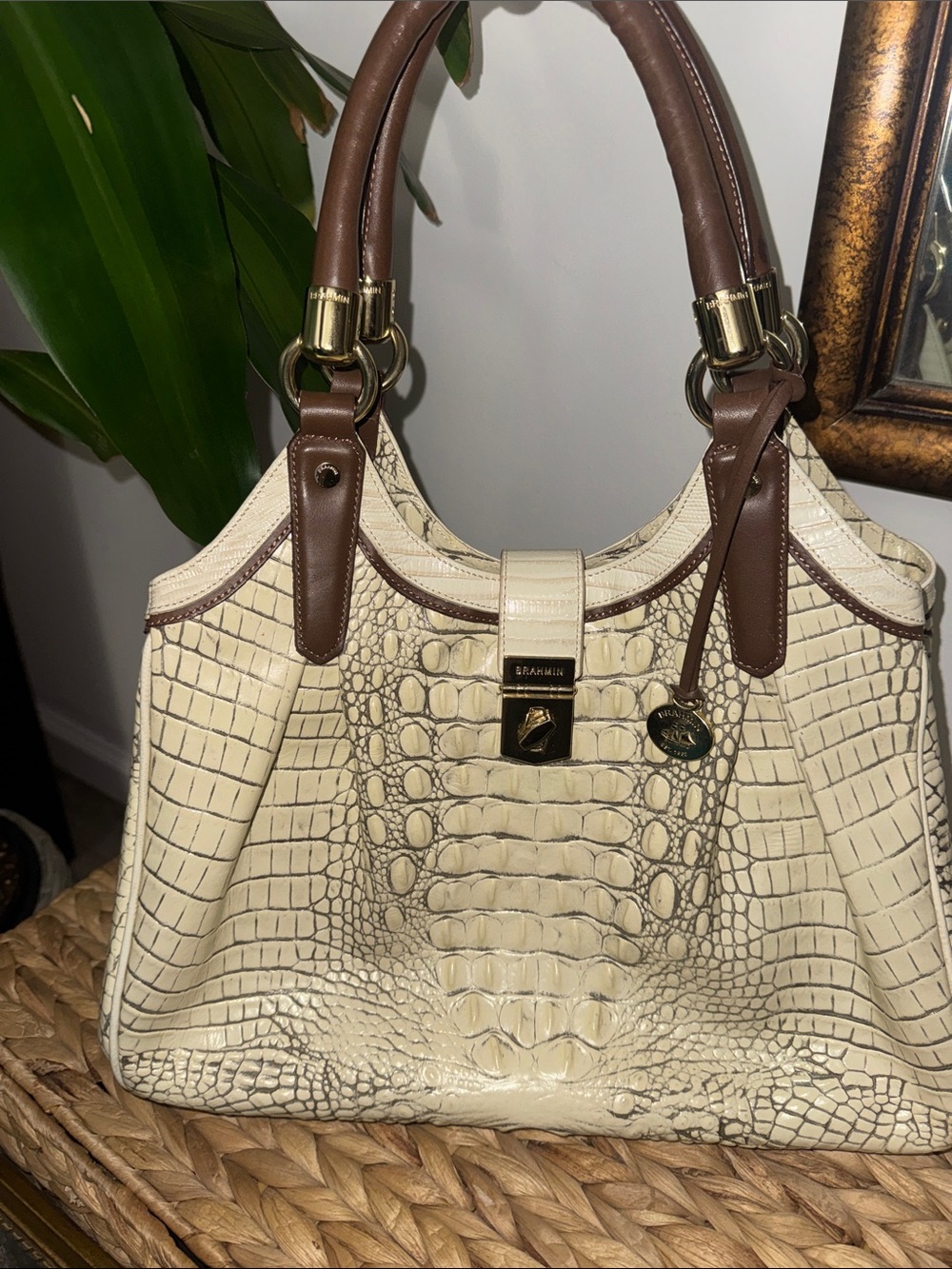 Brahmin Celia Crocodile-Embossed Shoulder Bag Large Satchel Cream Brown